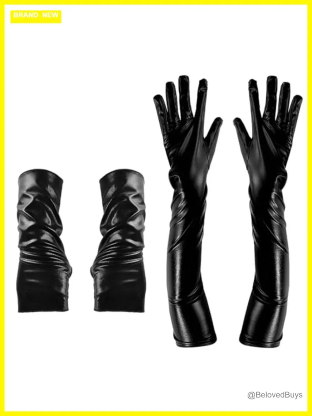 Women's Faux Leather Fingerless Gloves 2 Pack Long & Short Black Shiny Metallic
